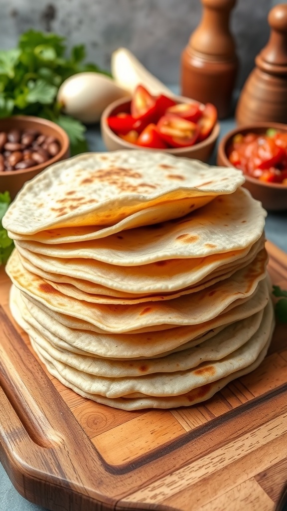 A stack of soft vegan tortillas on a cutting board with fresh vegetables and salsa.